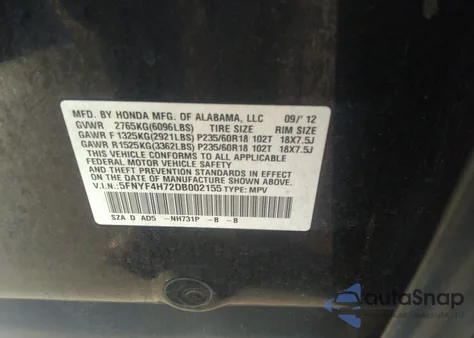 2013 Honda Pilot Ex-L from USA, damaged, VIN 5FNYF4H72DB002155